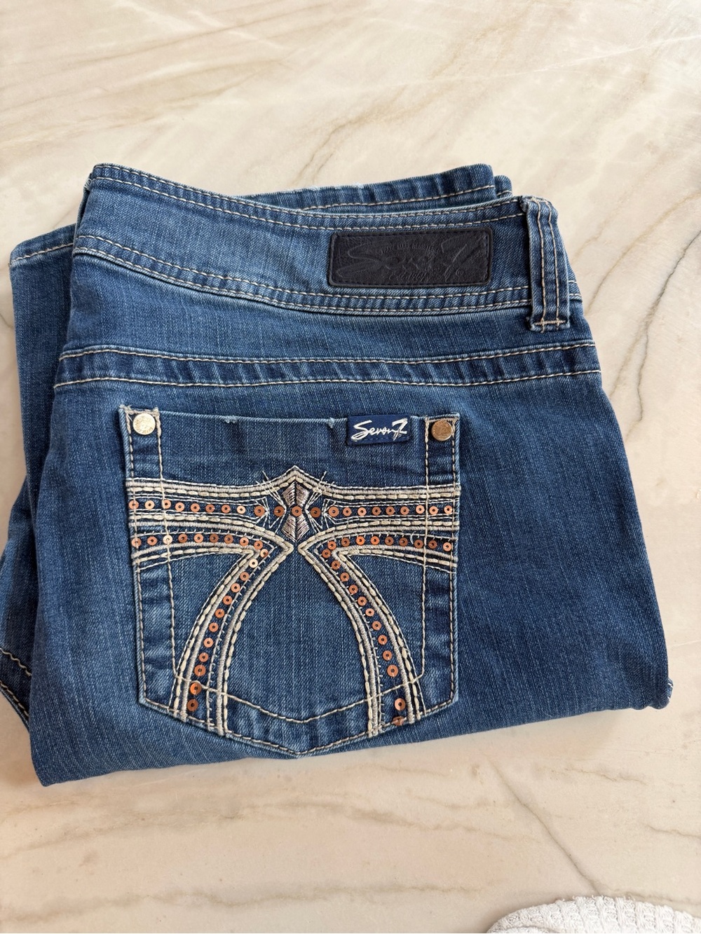 Seven7 Women's Dark Blue Bootcut Jeans with Embroidered Pocket